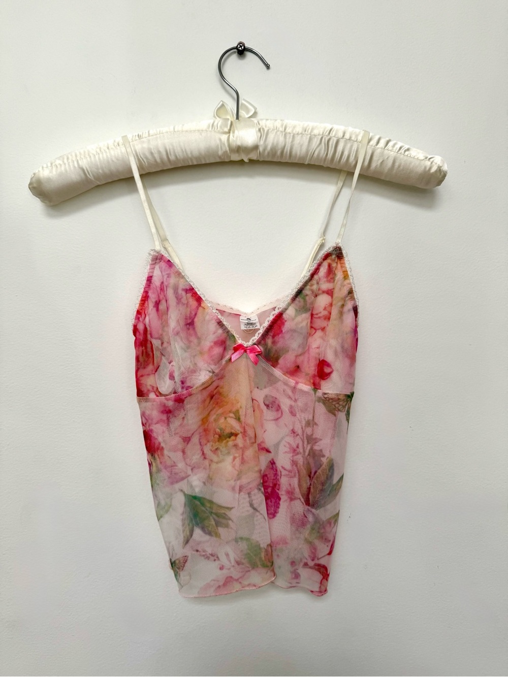 Floral Pink Sheer Lace-Trim Camisole